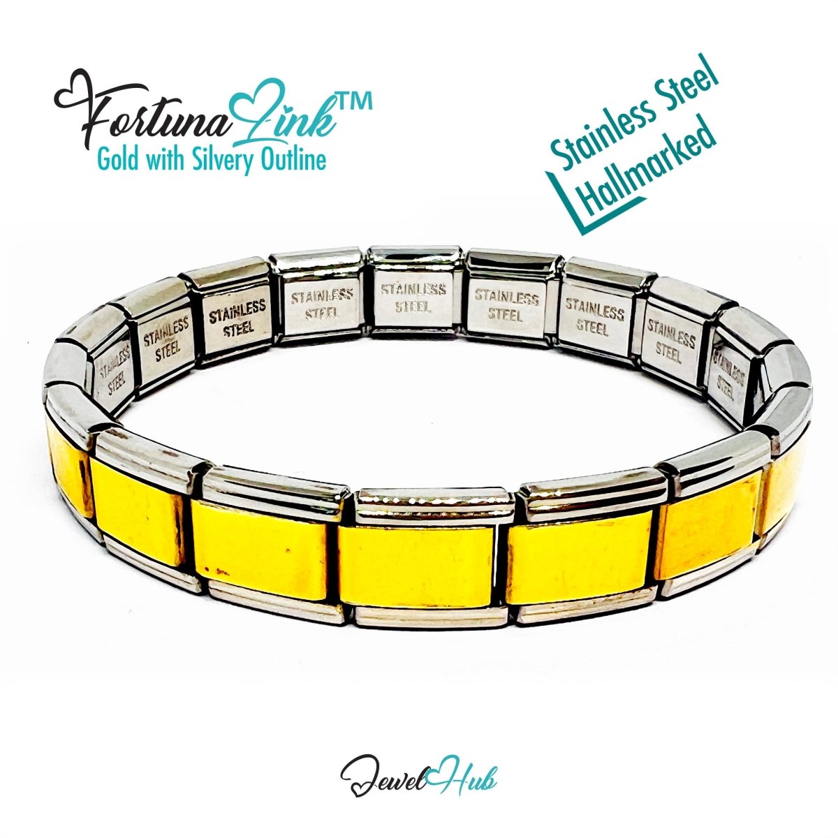 FortunaLink™ Two‑Tone Italian Charm Bracelet – Gold with Silvery Outline - 18 Stainless Steel Links (Copy) - JewelHub.co.uk