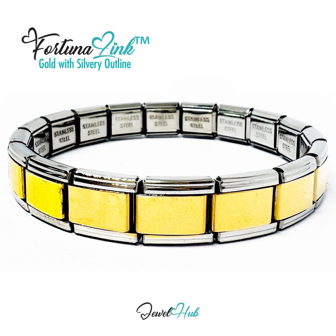 FortunaLink™ Two‑Tone Italian Charm Bracelet – Gold with Silvery Outline - 18 Stainless Steel Links (Copy) - JewelHub.co.uk