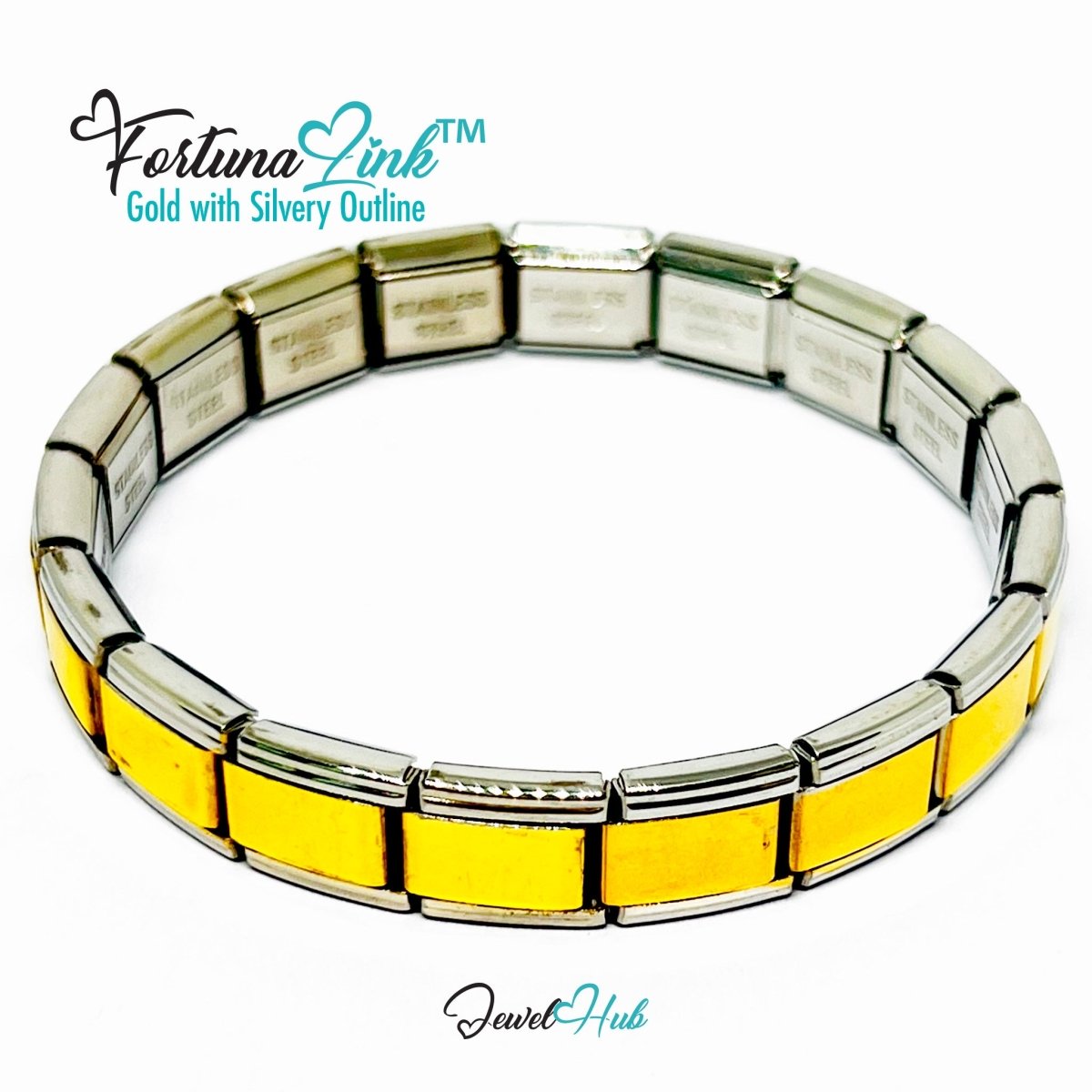 FortunaLink™ Two‑Tone Italian Charm Bracelet – Gold with Silvery Outline - 18 Stainless Steel Links (Copy) - JewelHub.co.uk