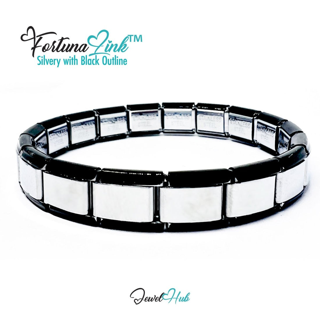 FortunaLink™ Two‑Tone Italian Charm Bracelet – Silvery with Black Outline - 18 Stainless Steel Links (Copy) (Copy) - JewelHub.co.uk