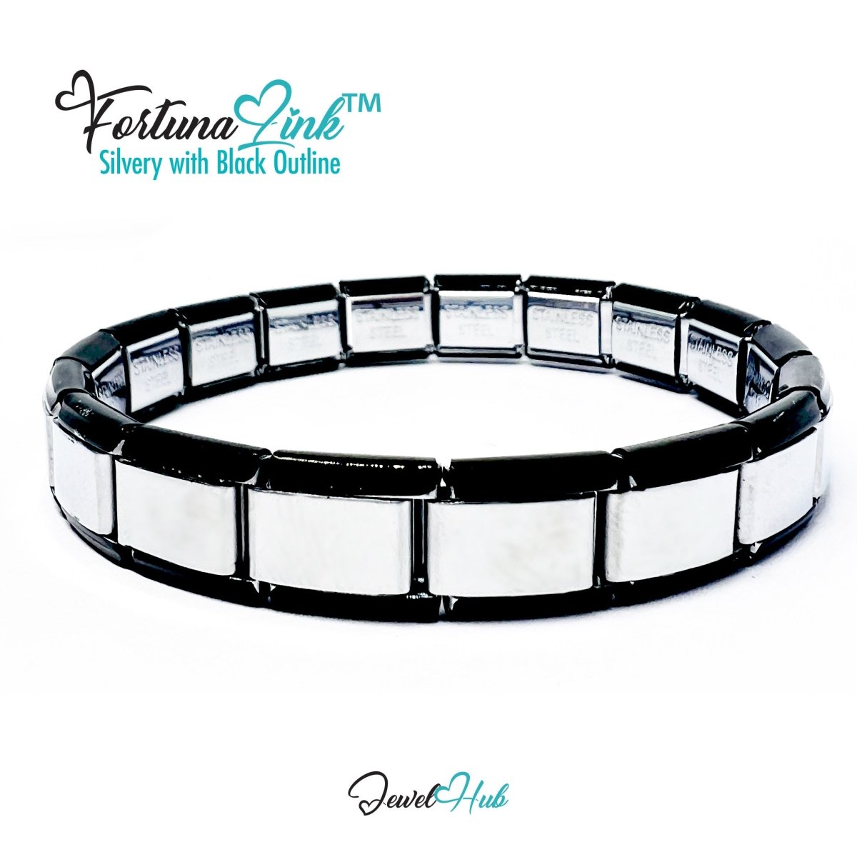 FortunaLink™ Two‑Tone Italian Charm Bracelet – Silvery with Black Outline - 18 Stainless Steel Links (Copy) (Copy) - JewelHub.co.uk