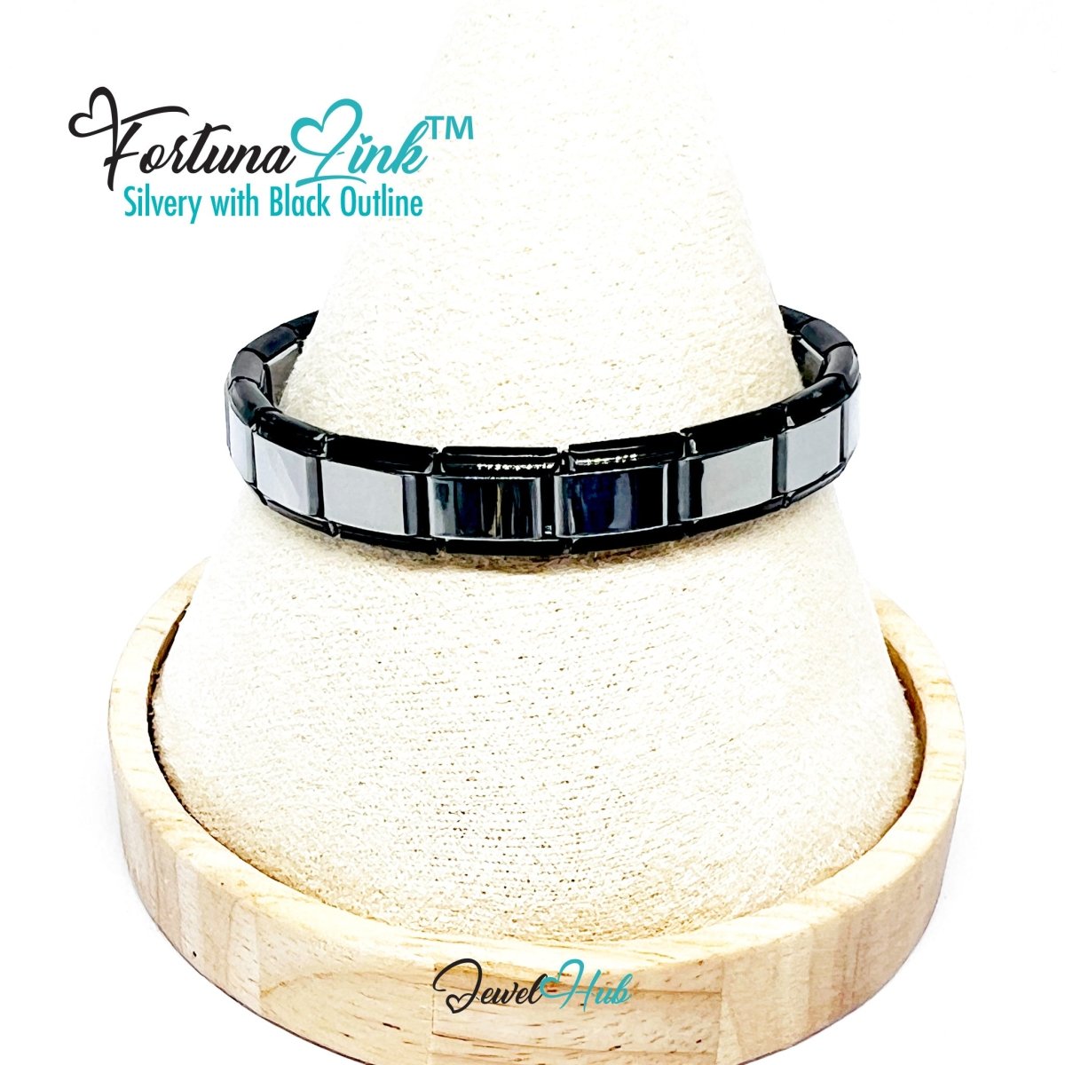 FortunaLink™ Two‑Tone Italian Charm Bracelet – Silvery with Black Outline - 18 Stainless Steel Links (Copy) (Copy) - JewelHub.co.uk