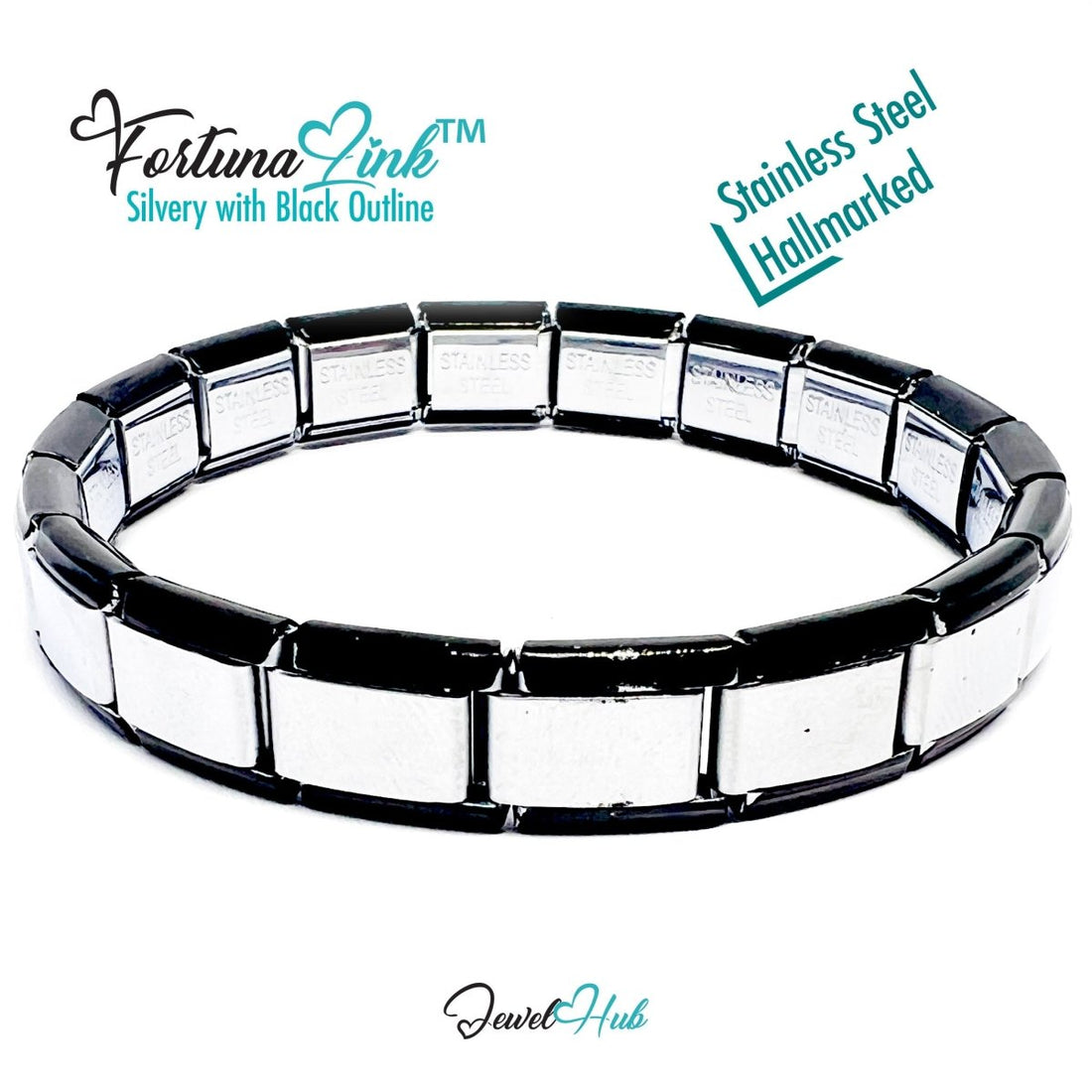 FortunaLink™ Two‑Tone Italian Charm Bracelet – Silvery with Black Outline - 18 Stainless Steel Links (Copy) (Copy) - JewelHub.co.uk