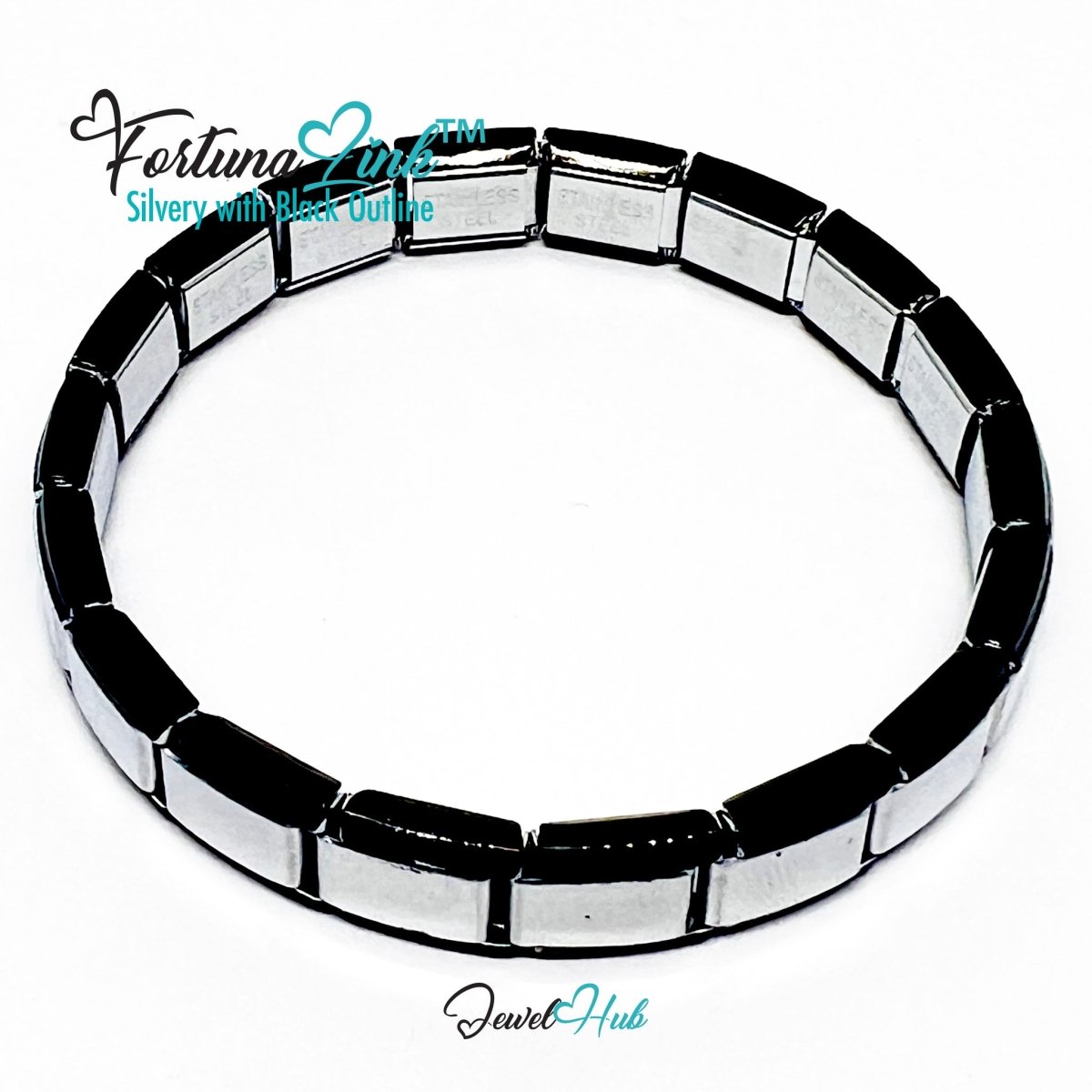 FortunaLink™ Two‑Tone Italian Charm Bracelet – Silvery with Black Outline - 18 Stainless Steel Links (Copy) (Copy) - JewelHub.co.uk