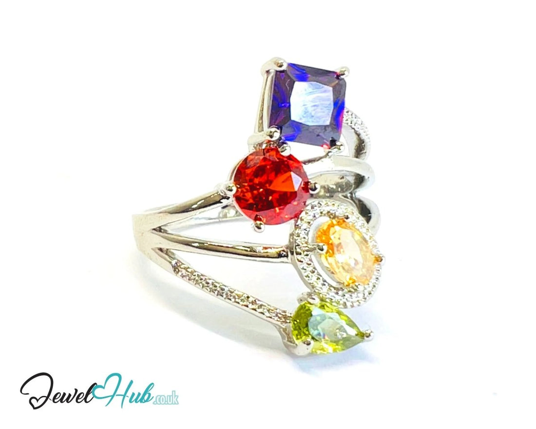 Gem Harmony Ring 🔱 White K Copper Ring · UK R · US 9 · Multicolour Gem Quartet - JewelHub.co.uk