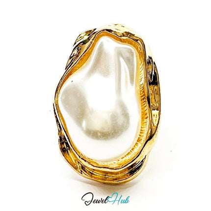 Giant Pearl Ring – Gold - Plated Zinc Alloy Adjustable M–P with Sculptural Setting (7–9g) - JewelHub.co.uk