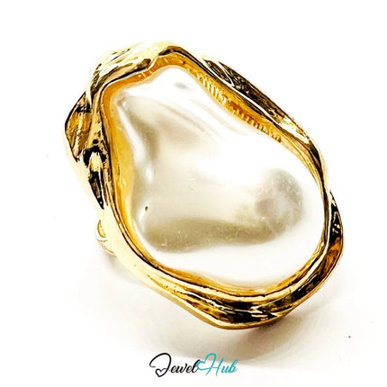 Giant Pearl Ring – Gold - Plated Zinc Alloy Adjustable M–P with Sculptural Setting (7–9g) - JewelHub.co.uk