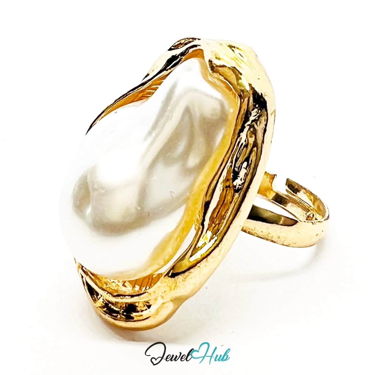 Giant Pearl Ring – Gold - Plated Zinc Alloy Adjustable M–P with Sculptural Setting (7–9g) - JewelHub.co.uk