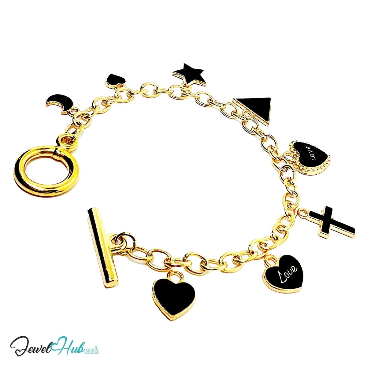 God Enlightenment Charm Bracelet · Gold - Tone Plated · Glossy Black Motifs · 19cm - JewelHub.co.uk