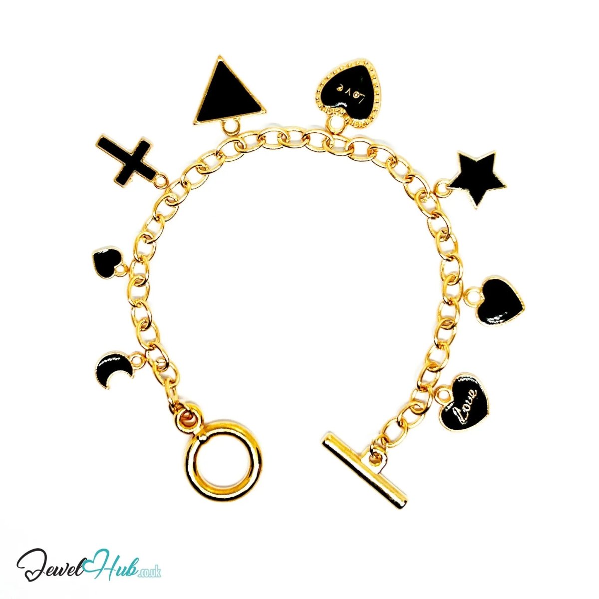 God Enlightenment Charm Bracelet · Gold - Tone Plated · Glossy Black Motifs · 19cm - JewelHub.co.uk