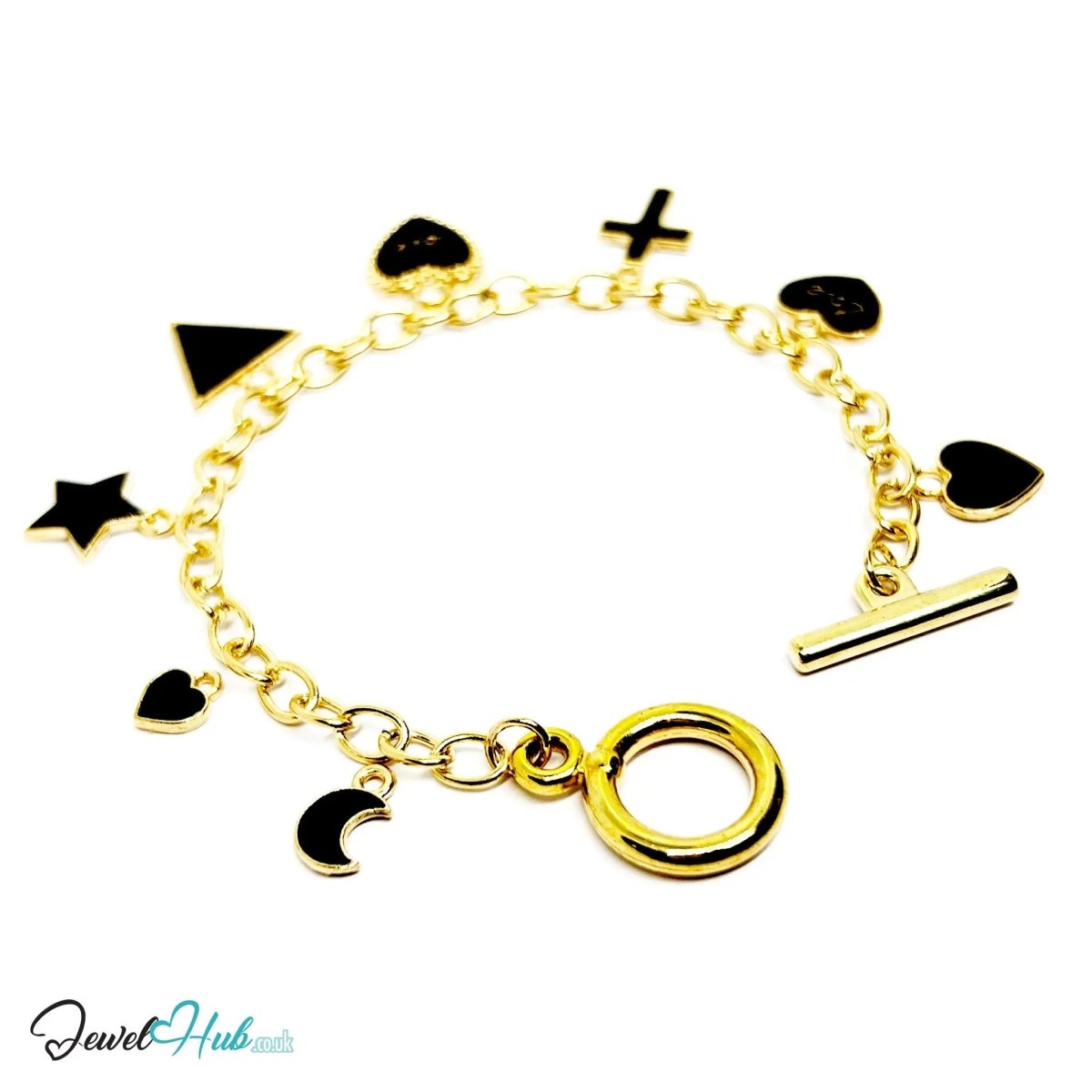 God Enlightenment Charm Bracelet · Gold - Tone Plated · Glossy Black Motifs · 19cm - JewelHub.co.uk