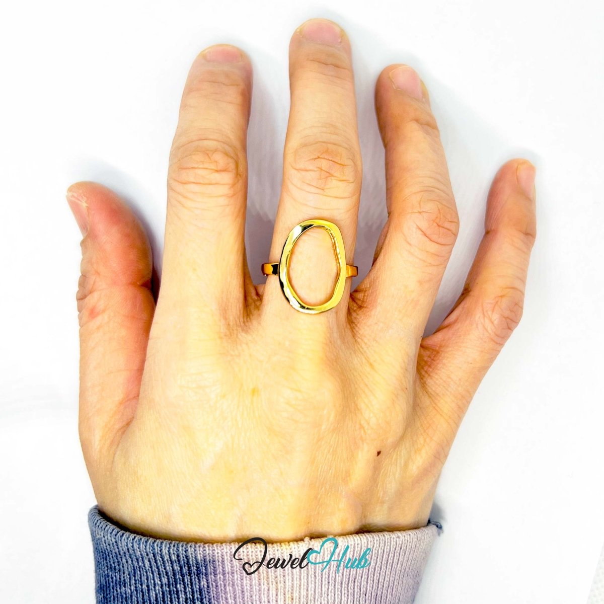Gold Adjustable Hollow Oval Ring – Minimalist Open Band - JewelHub.co.uk