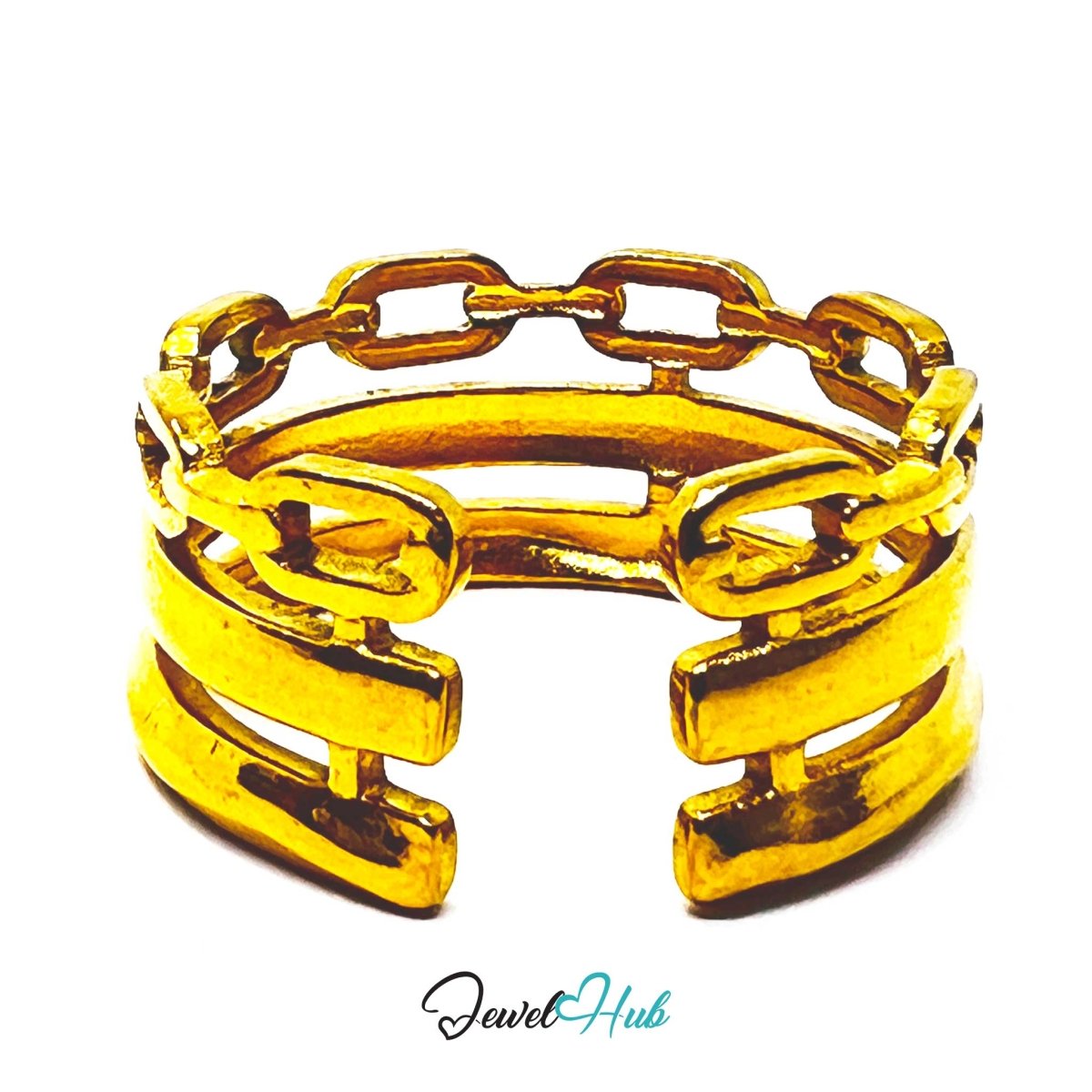 Gold Chain Link Triple Band Adjustable Stainless Steel Ring - JewelHub.co.uk