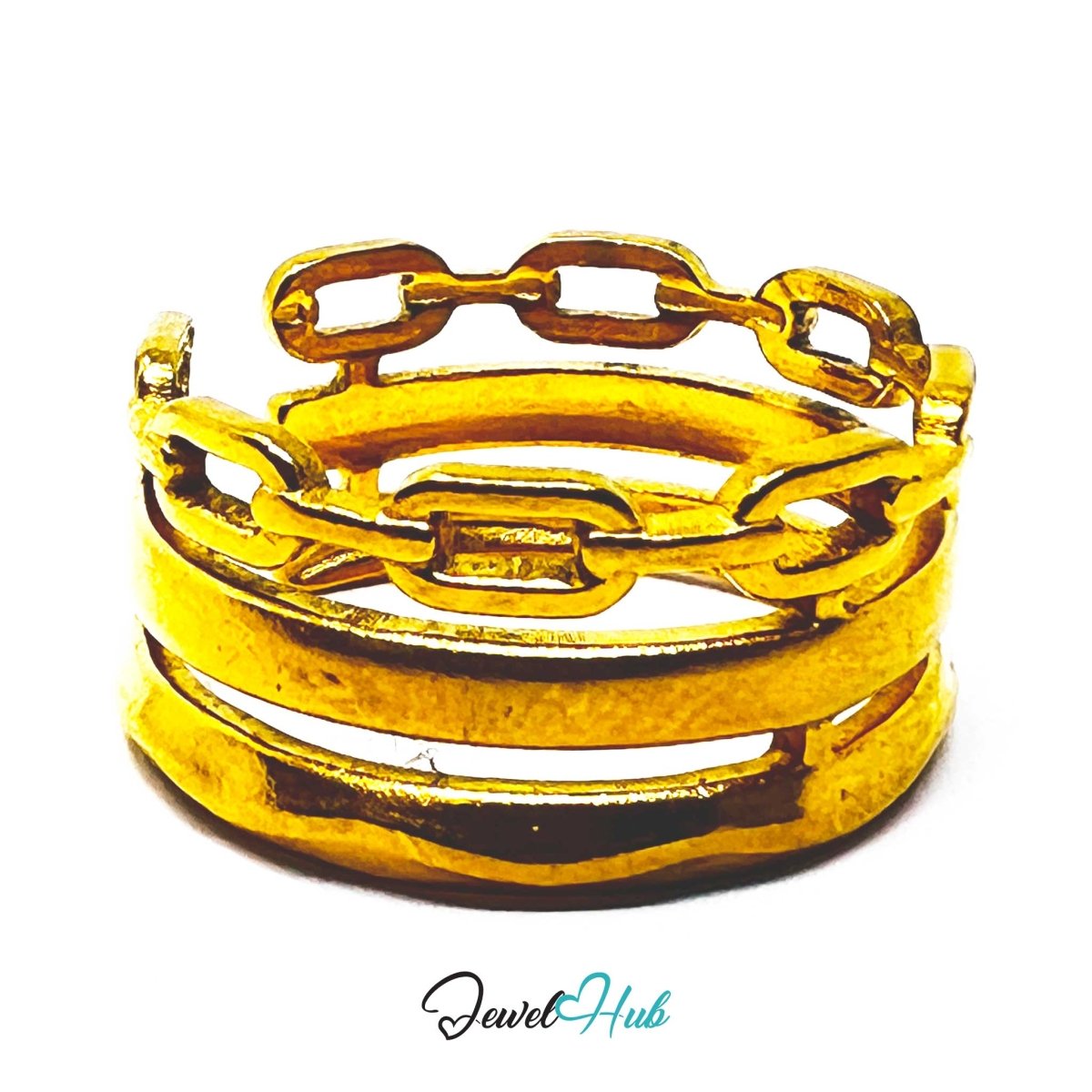 Gold Chain Link Triple Band Adjustable Stainless Steel Ring - JewelHub.co.uk
