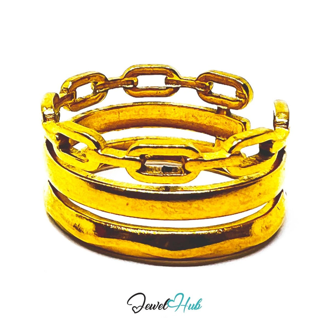 Gold Chain Link Triple Band Adjustable Stainless Steel Ring - JewelHub.co.uk