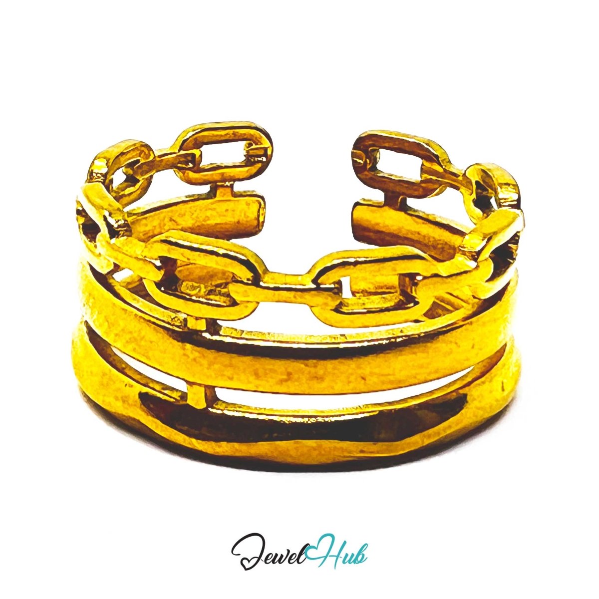 Gold Chain Link Triple Band Adjustable Stainless Steel Ring - JewelHub.co.uk
