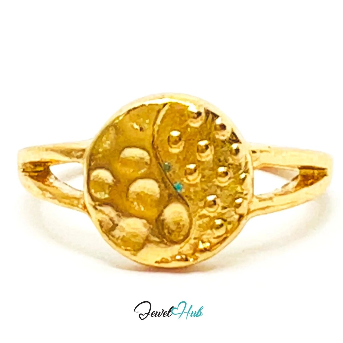 Gold Crest Loop Ring ◉ Zinc Alloy · UK M · US 6.5 · Sculptural Medallion Face · Split Band · Polished Gold Finish - JewelHub.co.uk