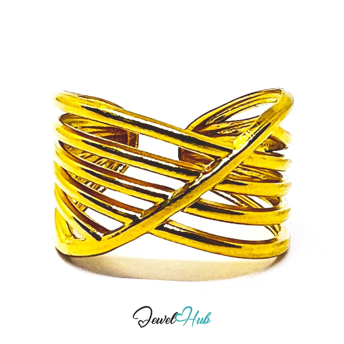 Gold Criss - Cross Multi Band Adjustable Stainless Steel Ring - JewelHub.co.uk