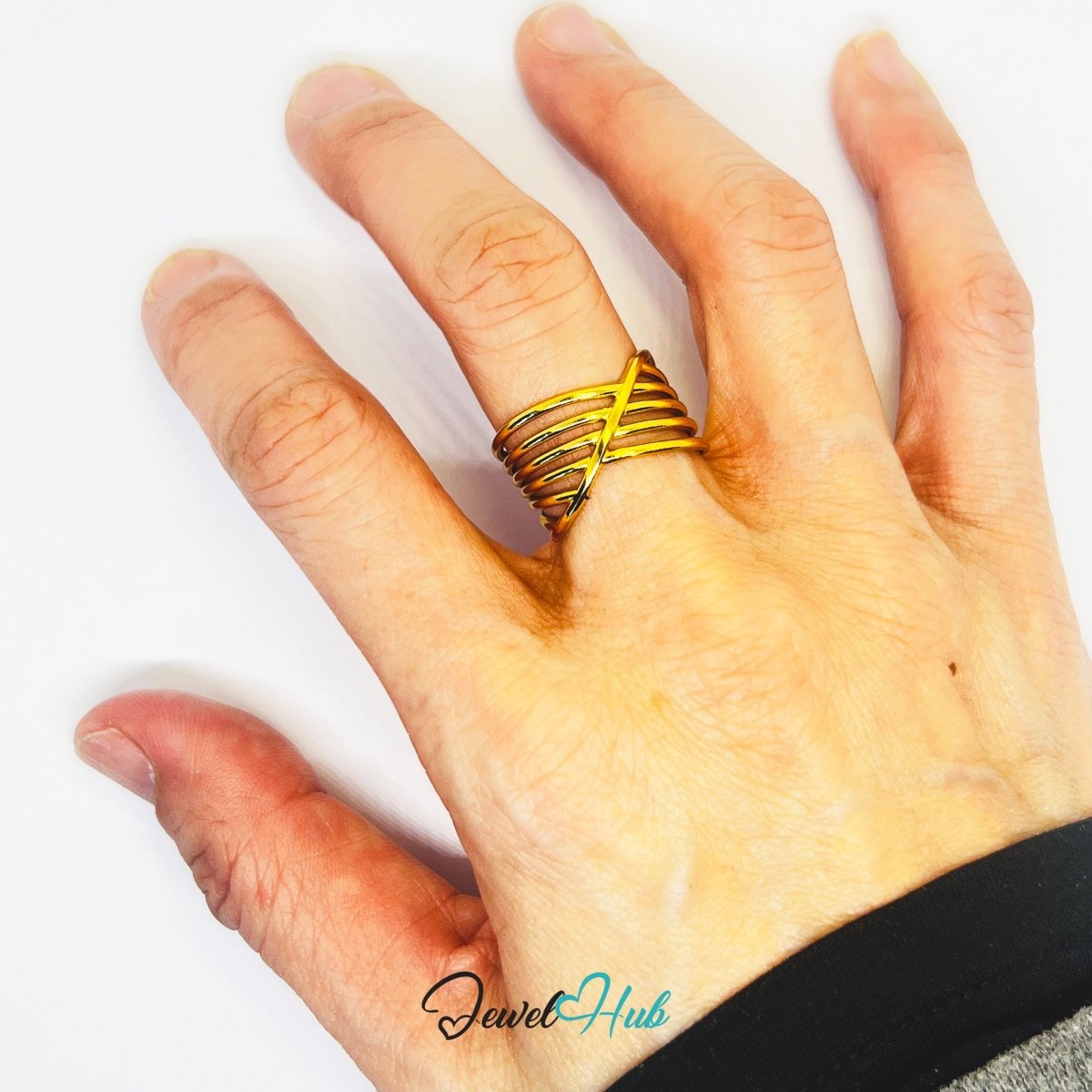 Gold Criss - Cross Multi Band Adjustable Stainless Steel Ring - JewelHub.co.uk