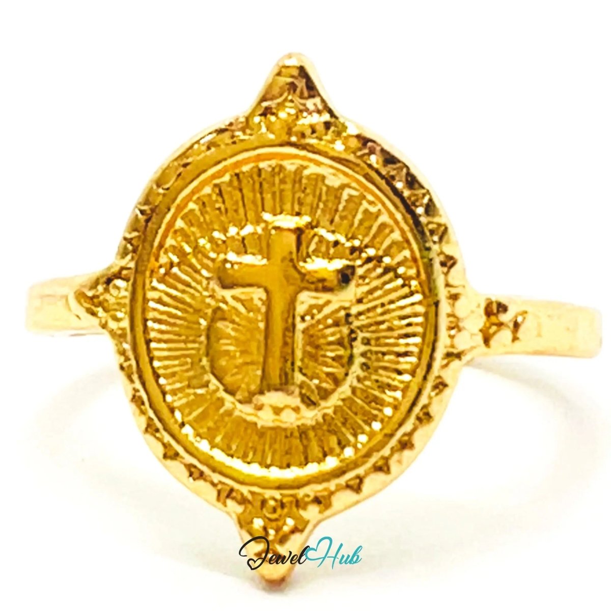 Gold Cross Medallion Ring ✝️ Zinc Alloy · UK M · US 6.5 · Engraved Ray Motif · Polished Gold Finish - JewelHub.co.uk