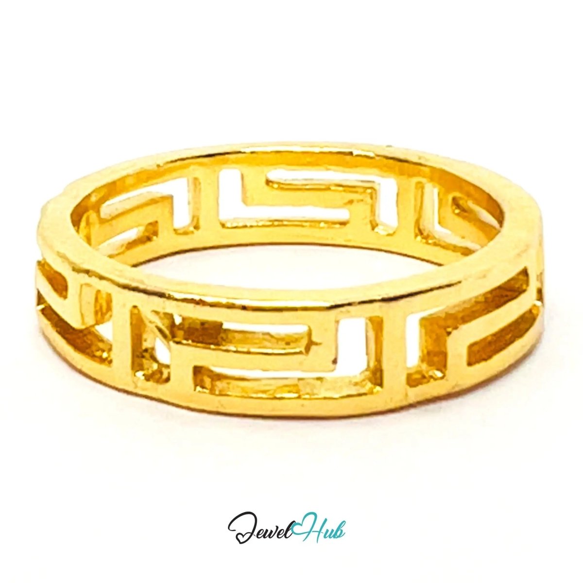 Gold Geometric Cutout Ring ▭ Zinc Alloy · UK O · US 7.5 · Repeating Rectangle Motif · Brushed Gold Finish - JewelHub.co.uk