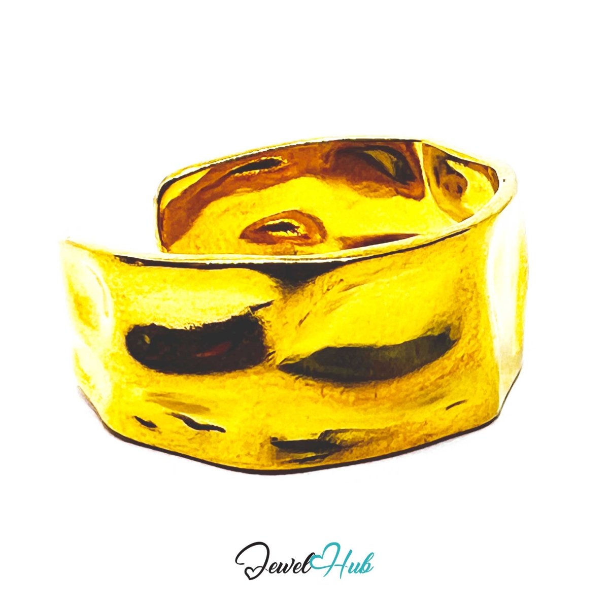 Gold Hammered Wide Adjustable Stainless Steel Band Ring - JewelHub.co.uk