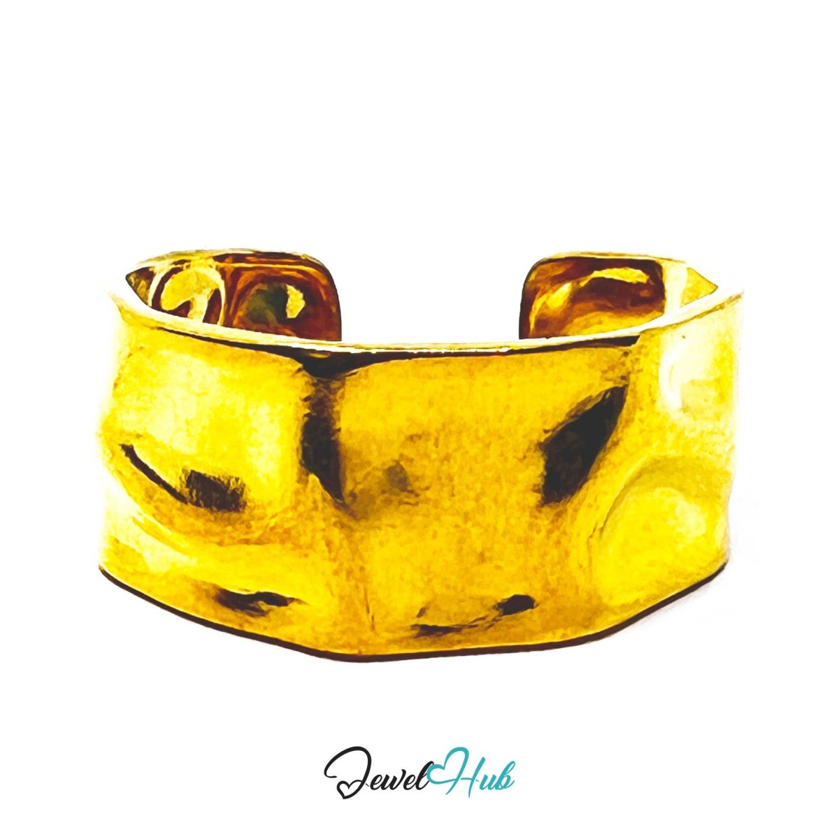 Gold Hammered Wide Adjustable Stainless Steel Band Ring - JewelHub.co.uk