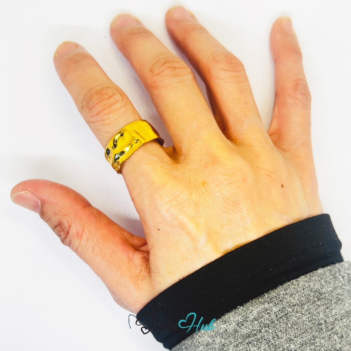 Gold Hammered Wide Adjustable Stainless Steel Band Ring - JewelHub.co.uk