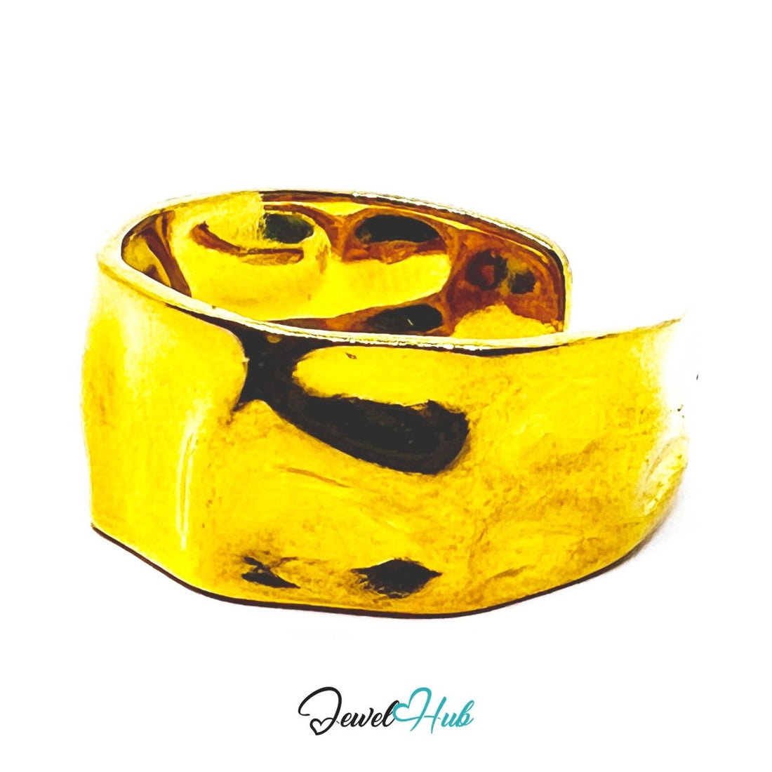Gold Hammered Wide Adjustable Stainless Steel Band Ring - JewelHub.co.uk