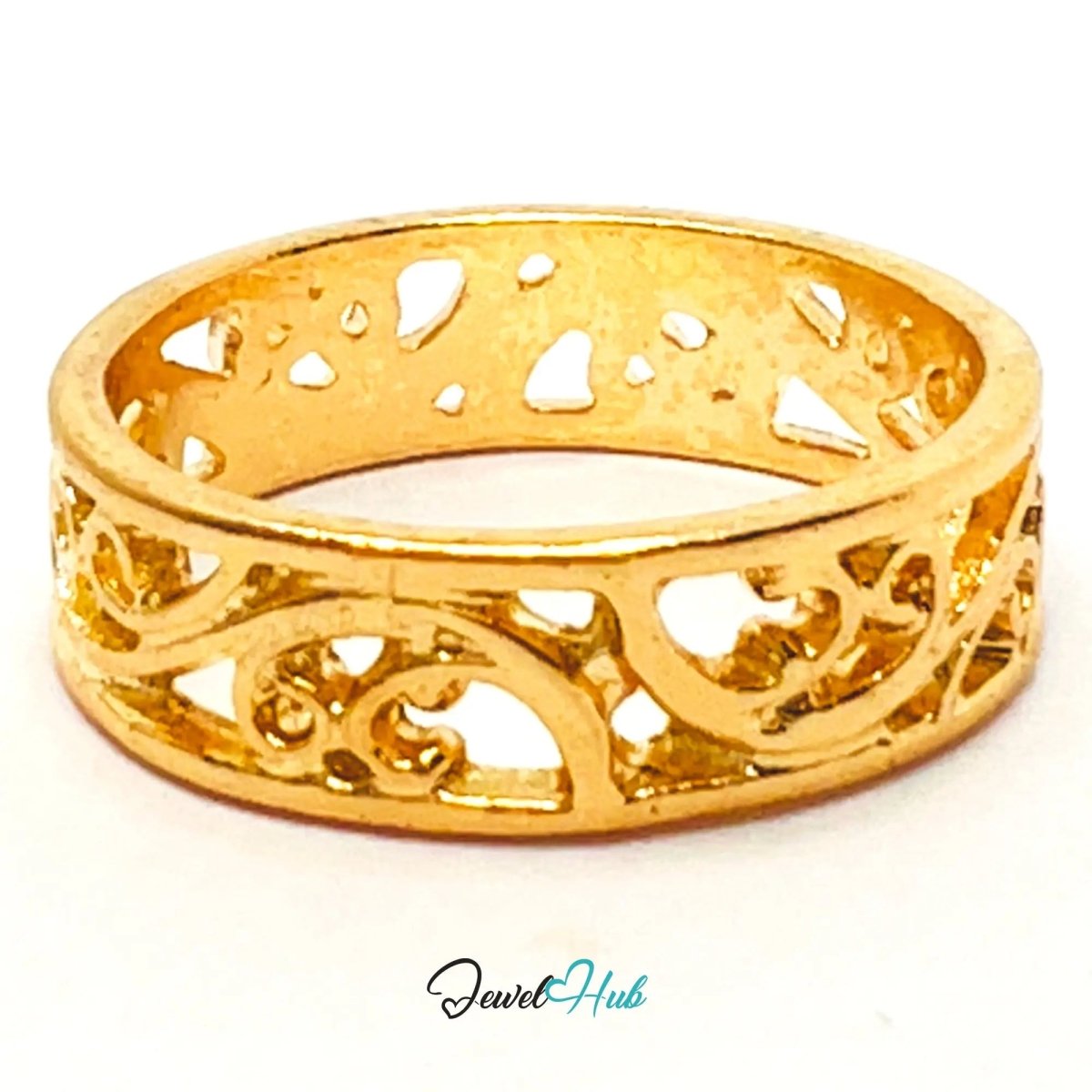Gold Lattice Band Ring ◼️ Zinc Alloy · UK N · US 7 · Sculptural Cutout Motif · Polished Gold Finish - JewelHub.co.uk