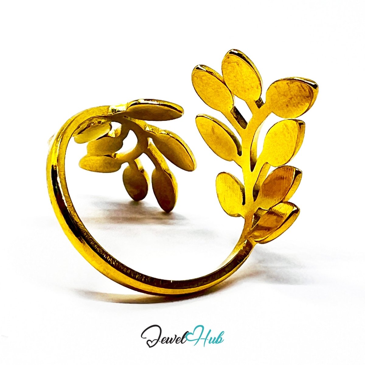 Gold Laurel Branch Adjustable Stainless Steel Statement Ring - JewelHub.co.uk