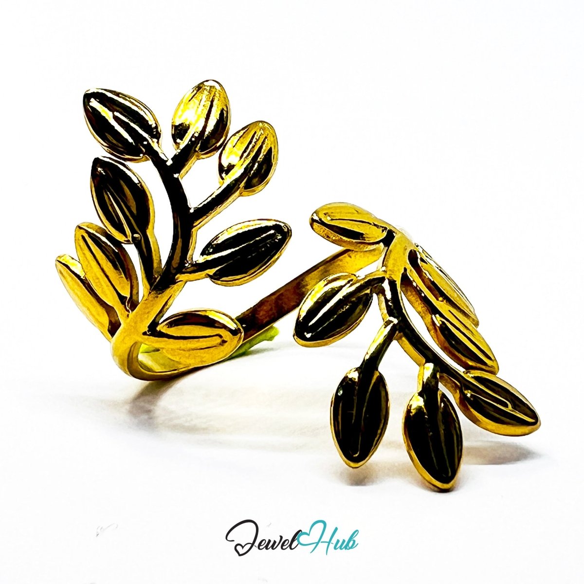 Gold Laurel Branch Adjustable Stainless Steel Statement Ring - JewelHub.co.uk