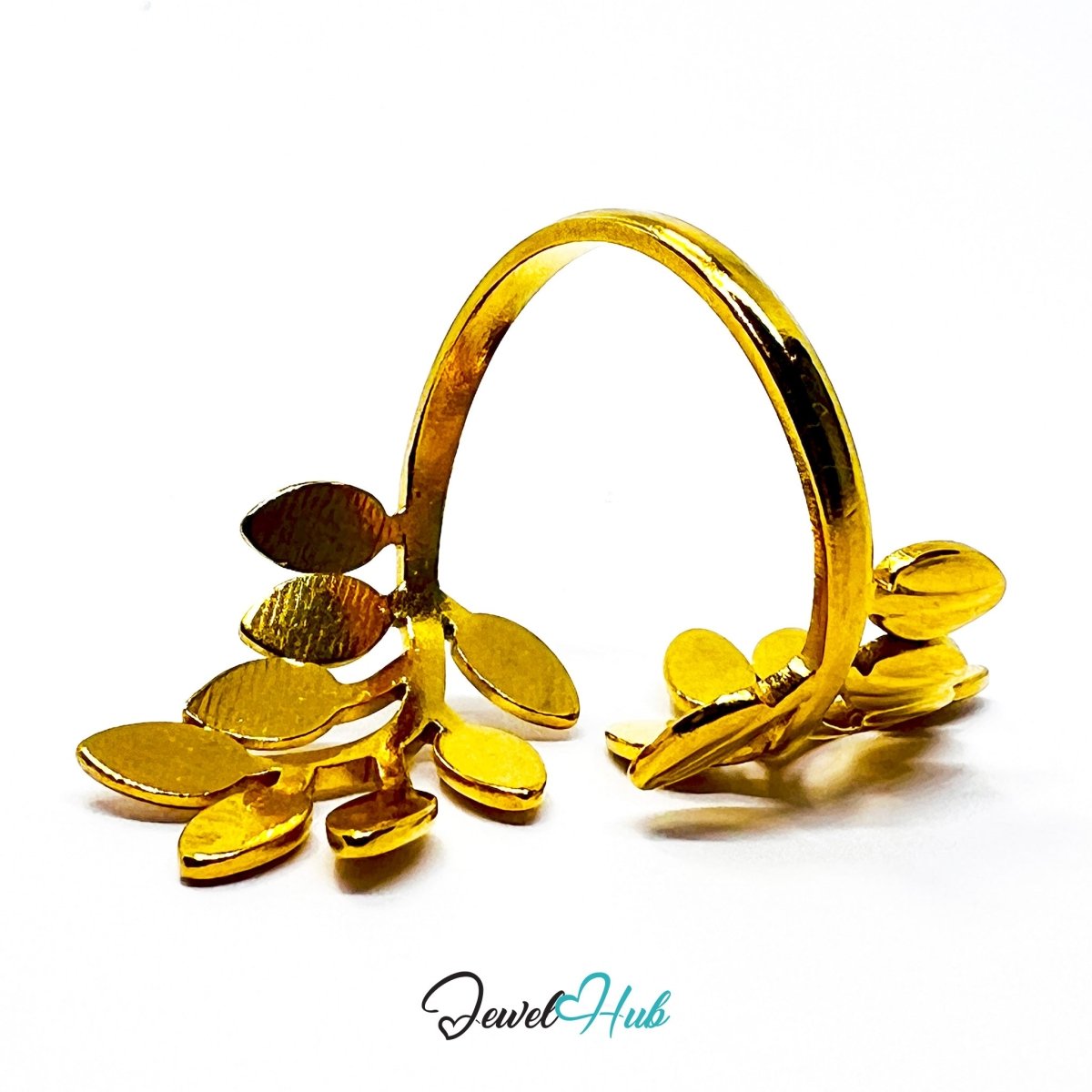 Gold Laurel Branch Adjustable Stainless Steel Statement Ring - JewelHub.co.uk