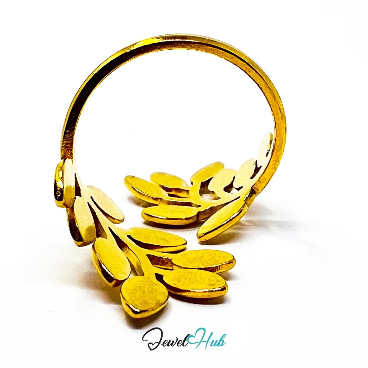 Gold Laurel Branch Adjustable Stainless Steel Statement Ring - JewelHub.co.uk