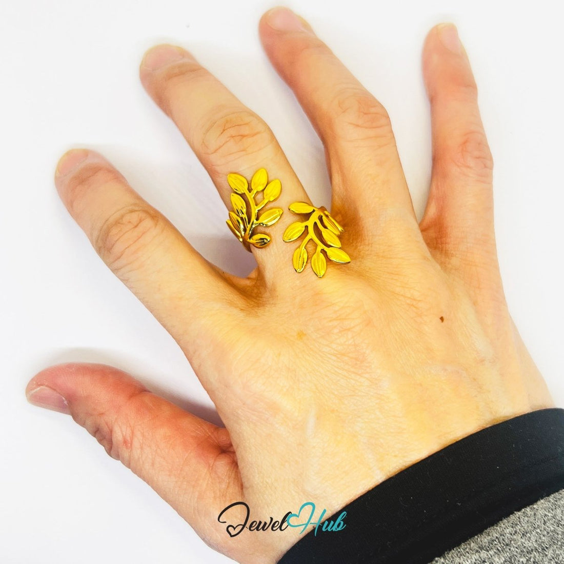 Gold Laurel Branch Adjustable Stainless Steel Statement Ring - JewelHub.co.uk