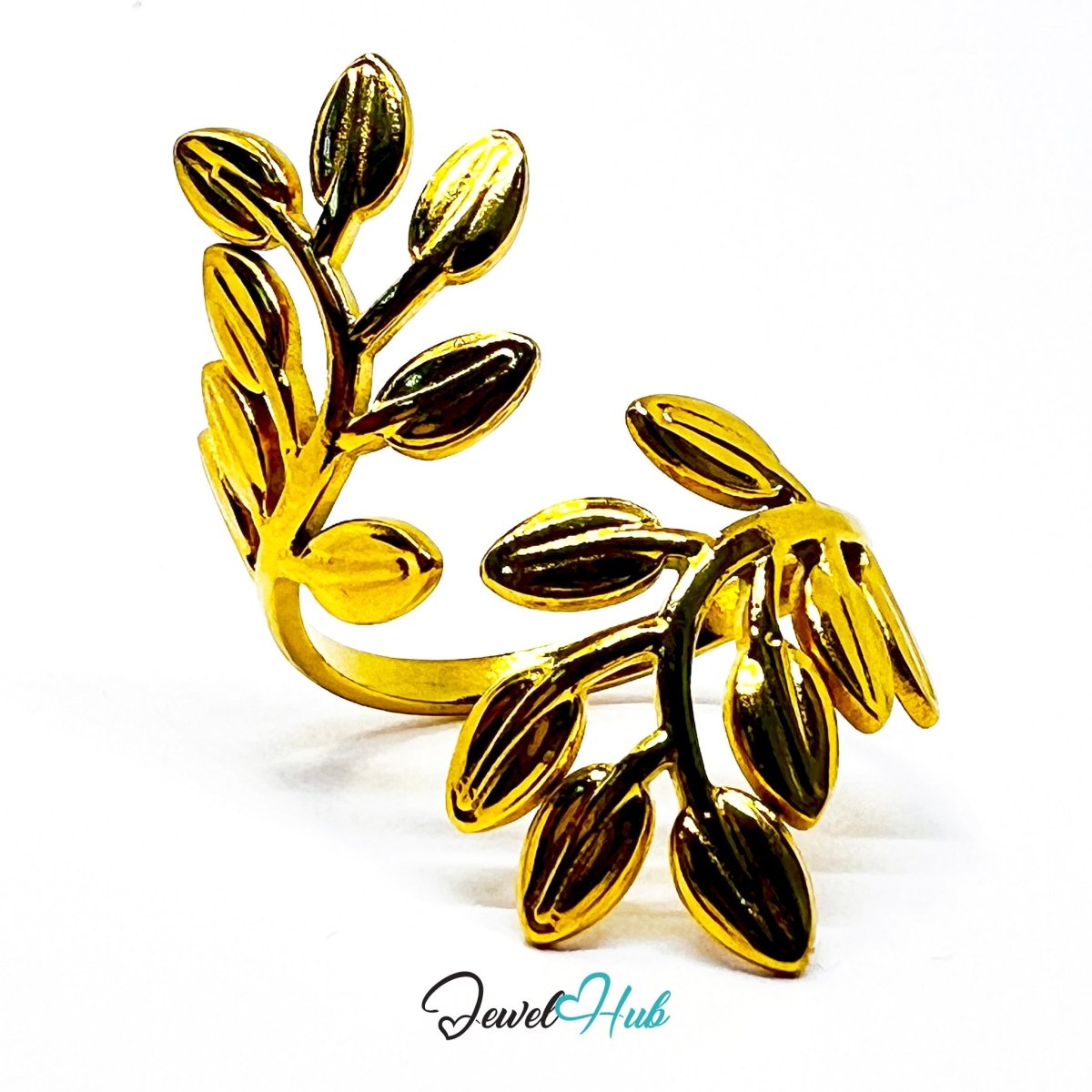 Gold Laurel Branch Adjustable Stainless Steel Statement Ring - JewelHub.co.uk
