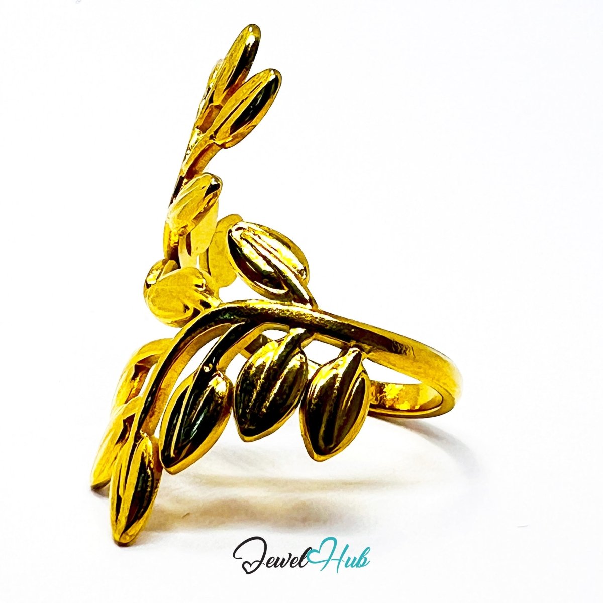 Gold Laurel Branch Adjustable Stainless Steel Statement Ring - JewelHub.co.uk