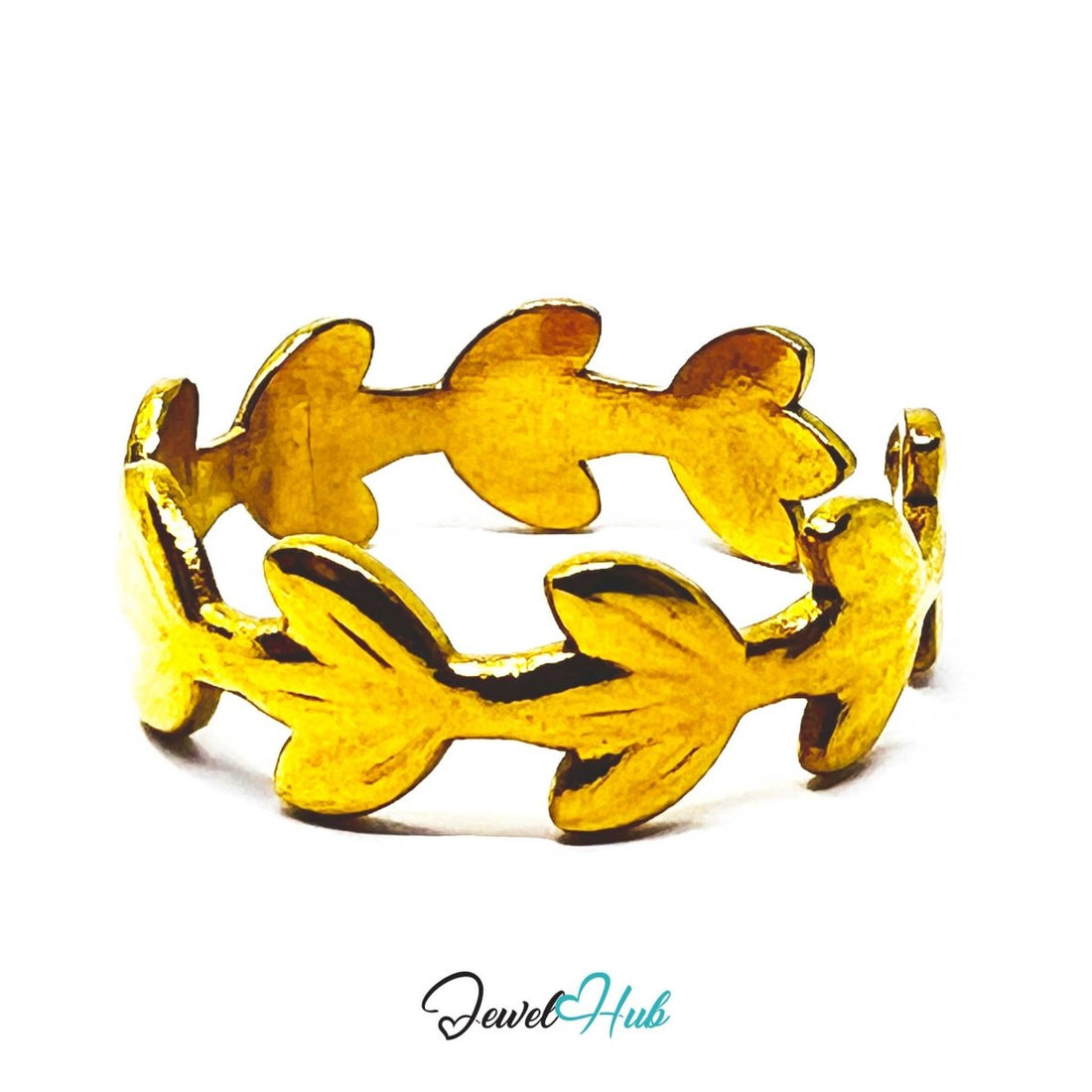 Gold Laurel Leaf Adjustable Stainless Steel Band Ring - JewelHub.co.uk