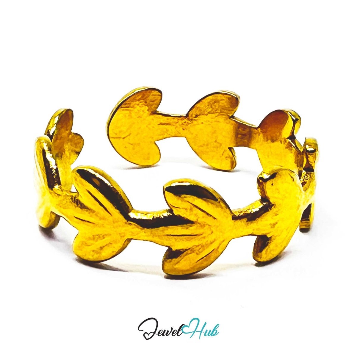 Gold Laurel Leaf Adjustable Stainless Steel Band Ring - JewelHub.co.uk