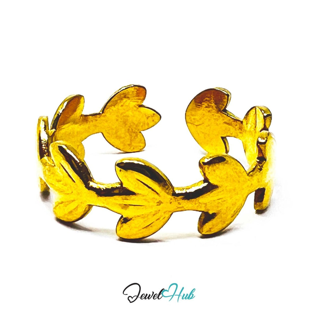 Gold Laurel Leaf Adjustable Stainless Steel Band Ring - JewelHub.co.uk