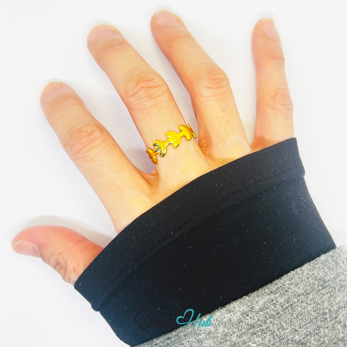 Gold Laurel Leaf Adjustable Stainless Steel Band Ring - JewelHub.co.uk