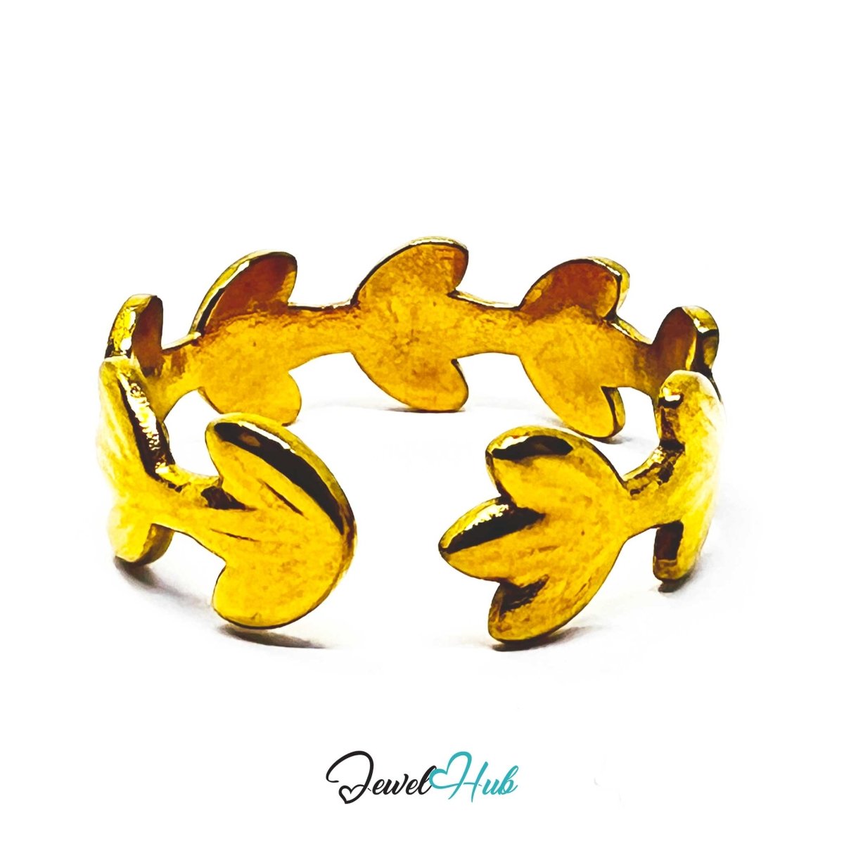 Gold Laurel Leaf Adjustable Stainless Steel Band Ring - JewelHub.co.uk