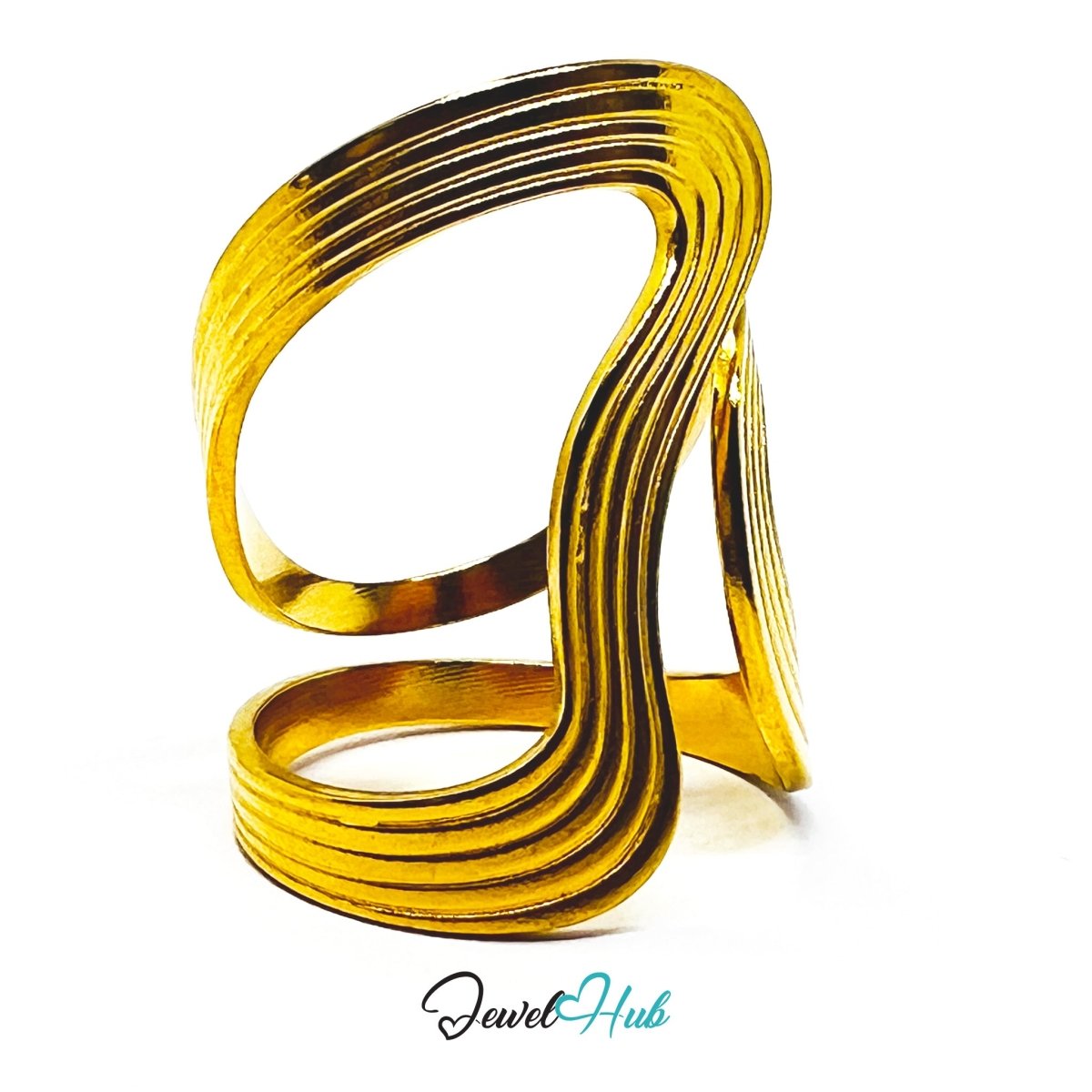 Gold Layered Wave Adjustable Stainless Steel Statement Ring - JewelHub.co.uk