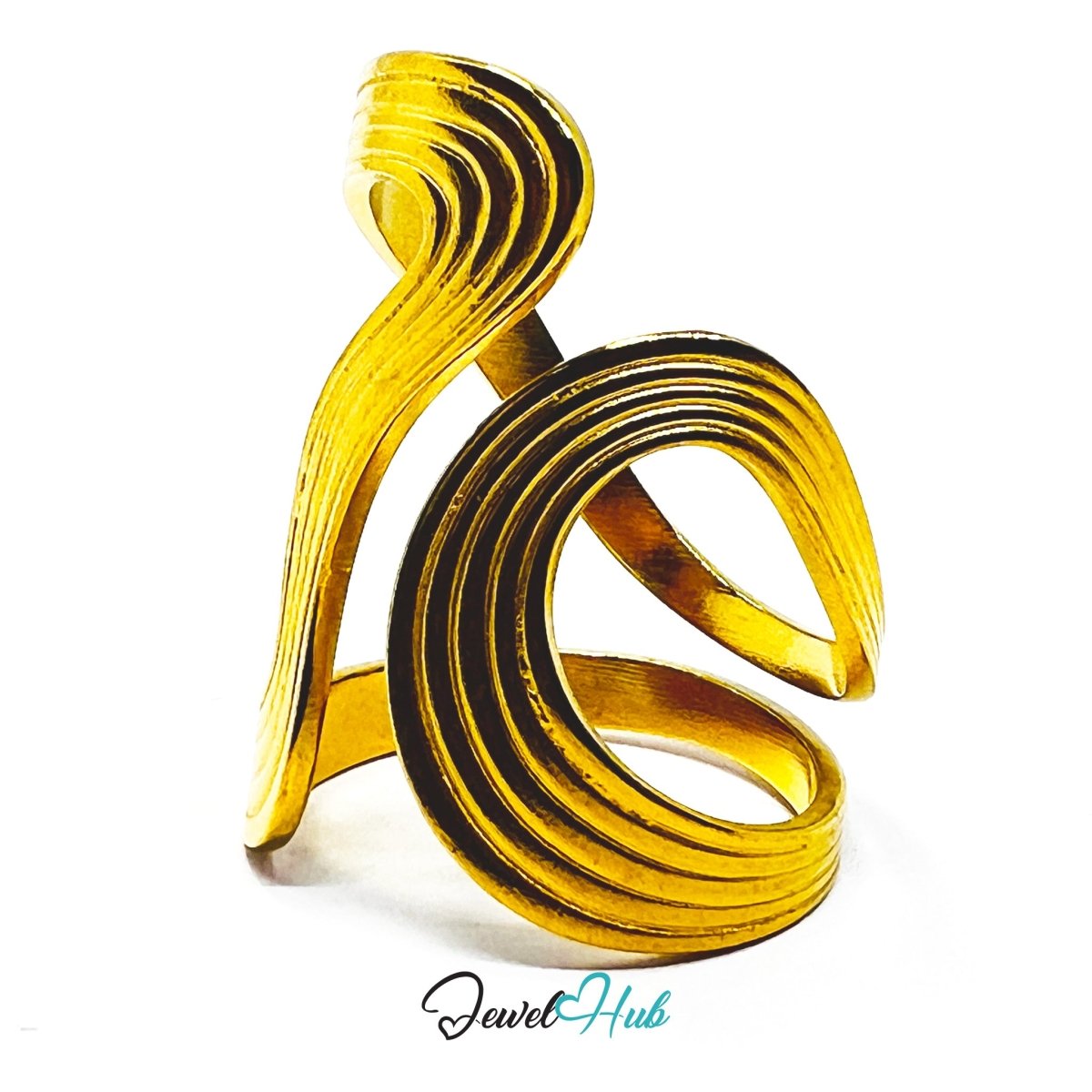 Gold Layered Wave Adjustable Stainless Steel Statement Ring - JewelHub.co.uk