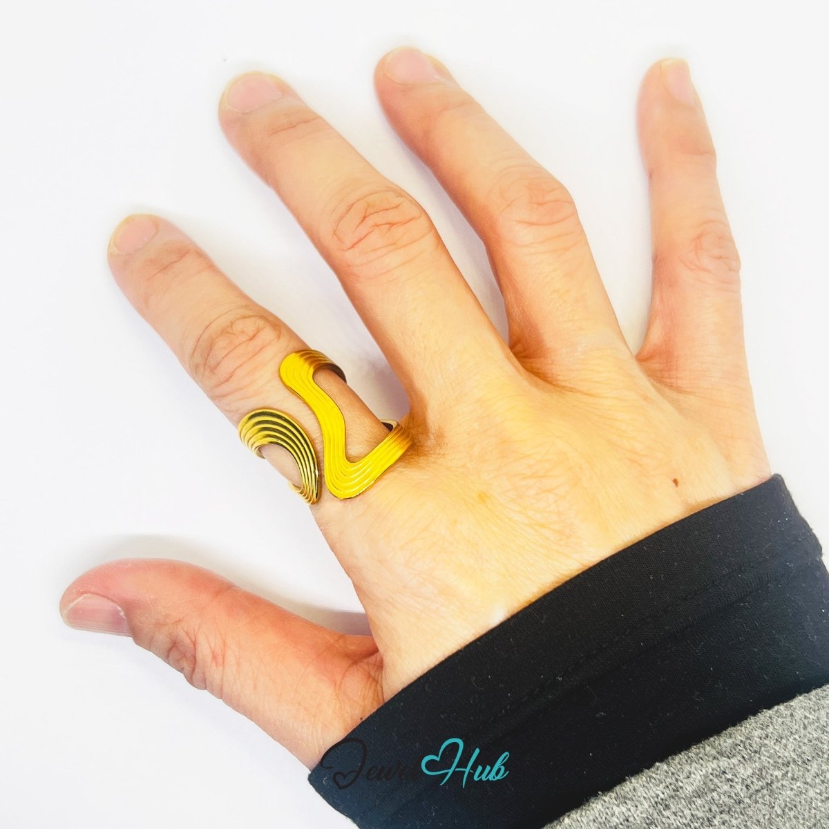Gold Layered Wave Adjustable Stainless Steel Statement Ring - JewelHub.co.uk