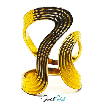Gold Layered Wave Adjustable Stainless Steel Statement Ring - JewelHub.co.uk