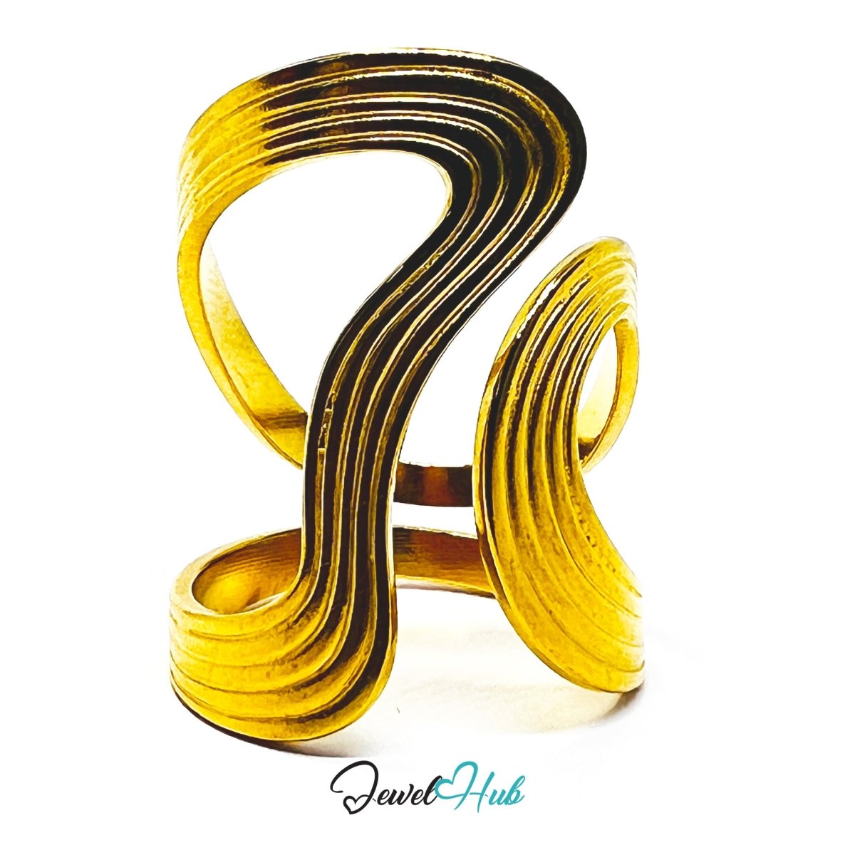 Gold Layered Wave Adjustable Stainless Steel Statement Ring - JewelHub.co.uk
