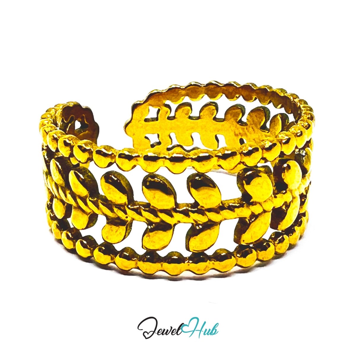 Gold Leaf Branch Openwork Adjustable Stainless Steel Band Ring - JewelHub.co.uk