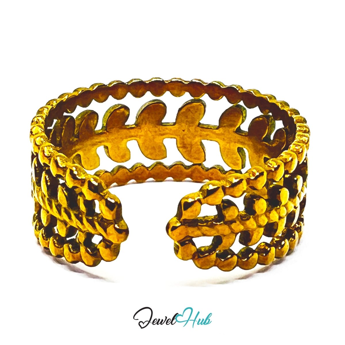 Gold Leaf Branch Openwork Adjustable Stainless Steel Band Ring - JewelHub.co.uk