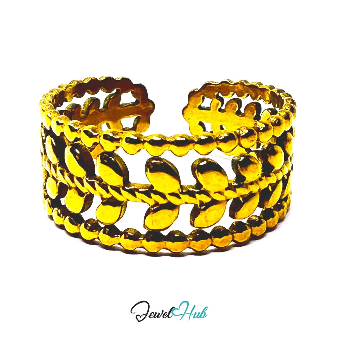 Gold Leaf Branch Openwork Adjustable Stainless Steel Band Ring - JewelHub.co.uk